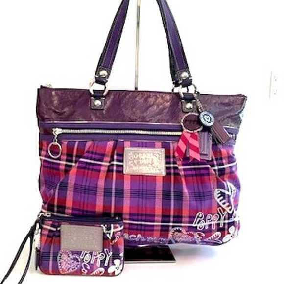 Coach Handbags - Coach Poppy Purple Tartan Plaid Glam Tote + Wristlet Berry Silver Pink NWOT